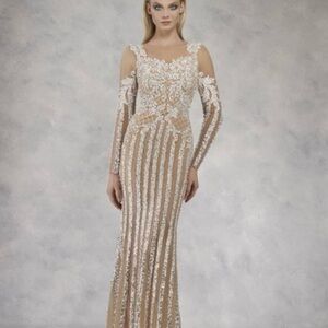 Chic Lace Beaded Maxi Dress in White and Tan